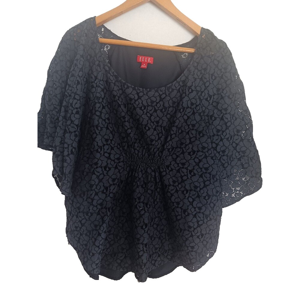 Elle Blouse Sz 1X Navy Blue Lace Flutter Sleeve Elastic Cinch Waist Bodice